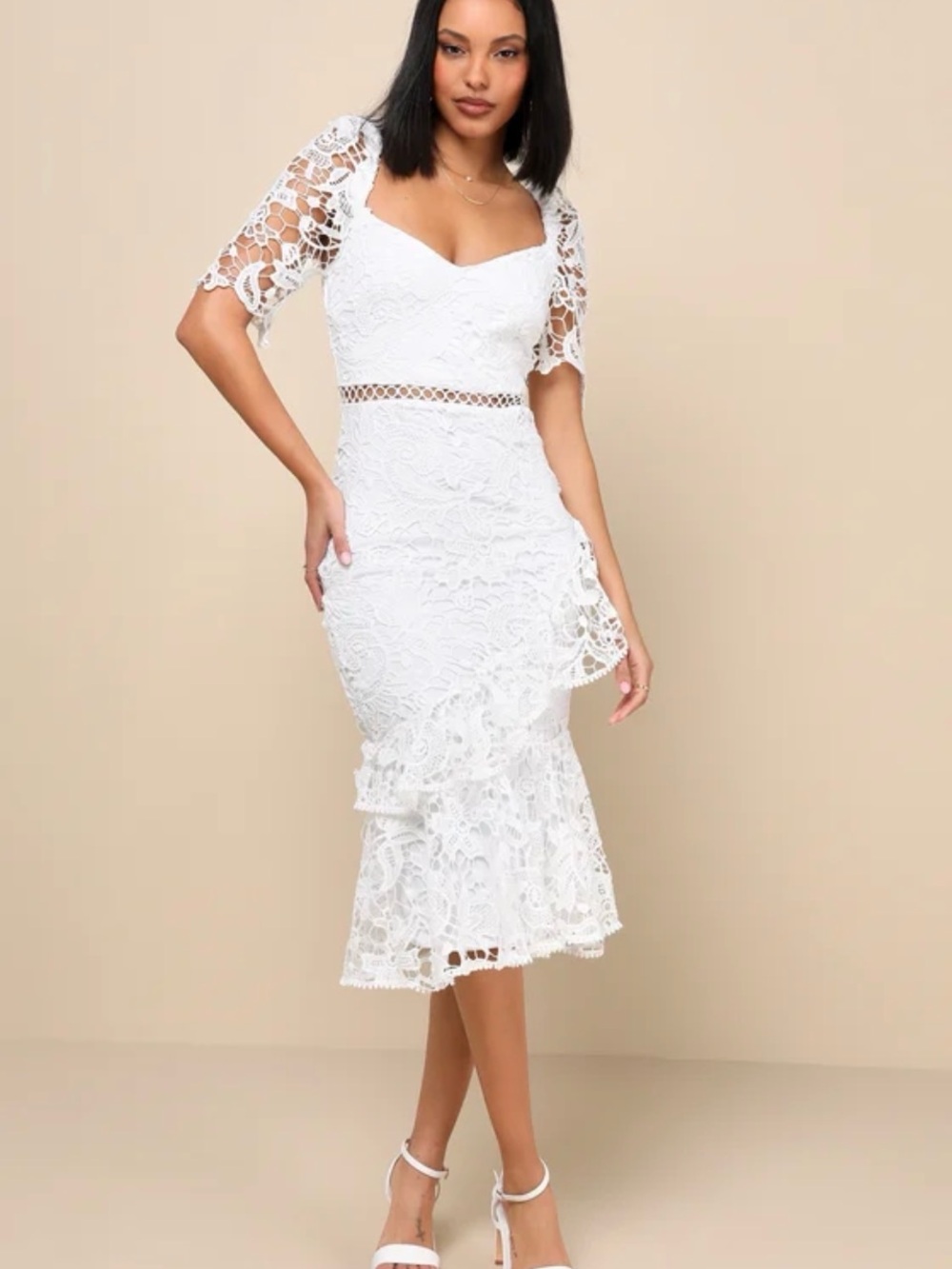 Elegant White Lace Tiered Midi Dress